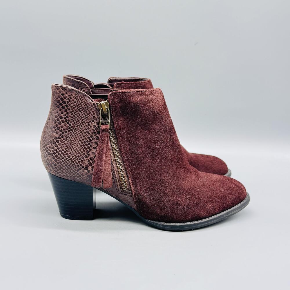 Vionic Boots Womens 5 Red Suede Anne Ankle Booties Snake Print Zip Block Heel